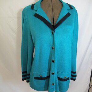 Mita green knit blazer with black trim and black and gold buttons  16